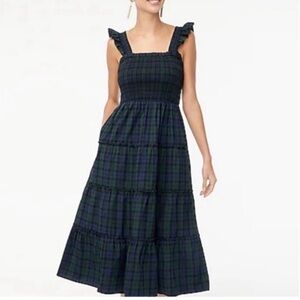 J. Crew Blackwatch Plaid Smocked Nap Dress Navy Blue Hunter Green size Small